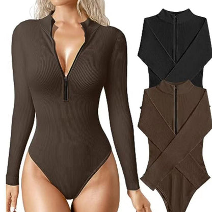 Sleek Long-Sleeve Zipper Jumpsuit – Sculpt & Style
